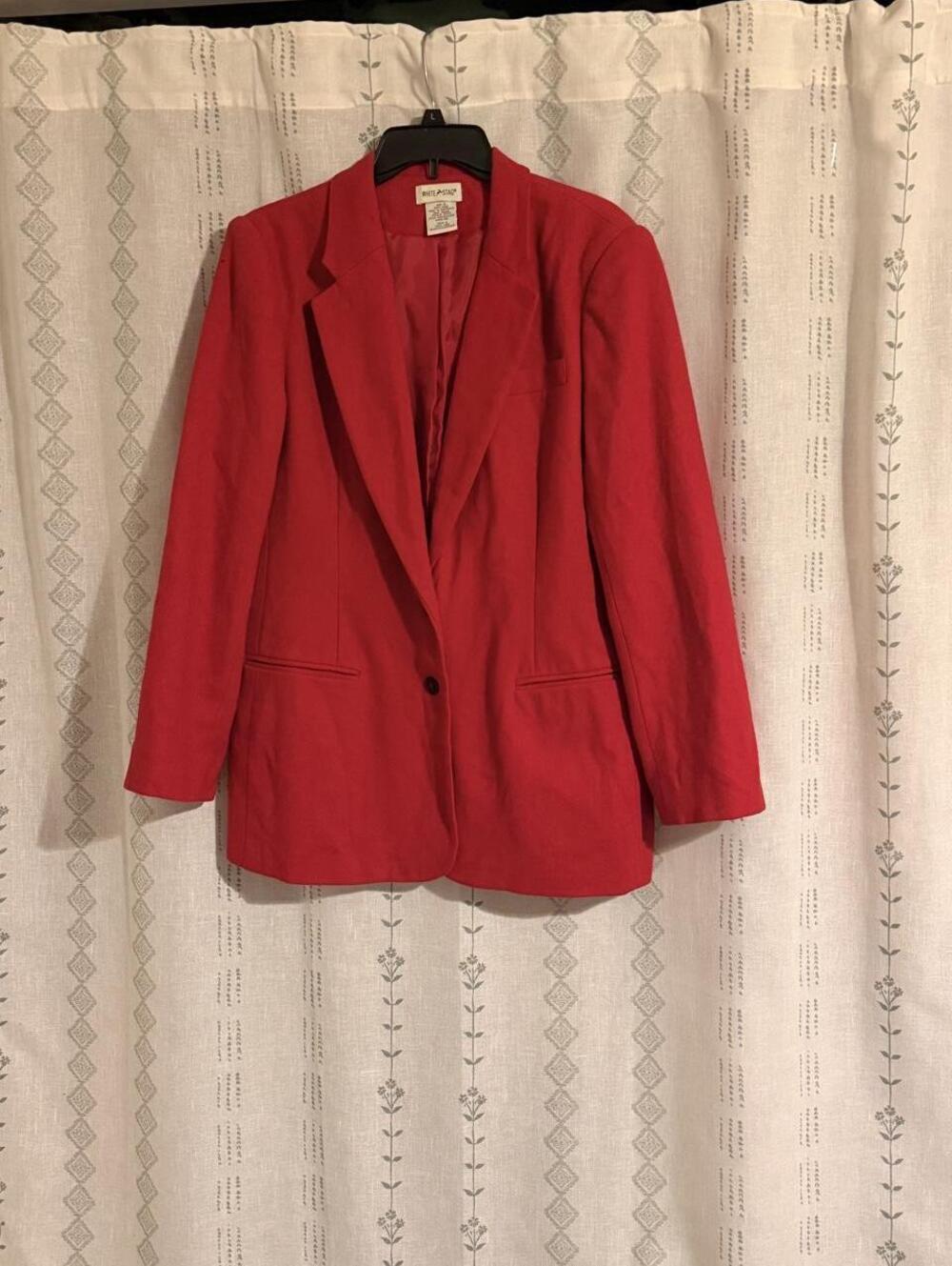 Vtg 90s White Stag Chic Red 100% Wool Preppy Holiday Corporate Blazer Jacket - L